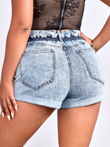 SHEIN EZwear 大碼高腰反摺褲腳牛仔短褲 - 淺色水洗藍 - 查看 2