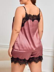 Plus Contrast Eyelash Lace Satin PJ Set - Dusty Pink - View 2