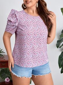 SHEIN Clasi 大碼小碎花泡泡袖襯衫 - 彩色 - 查看 5