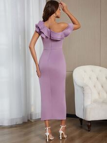 Asymmetrical Neck Ruffle Trim Split Thigh Dress - Lilac Purple - View 2
