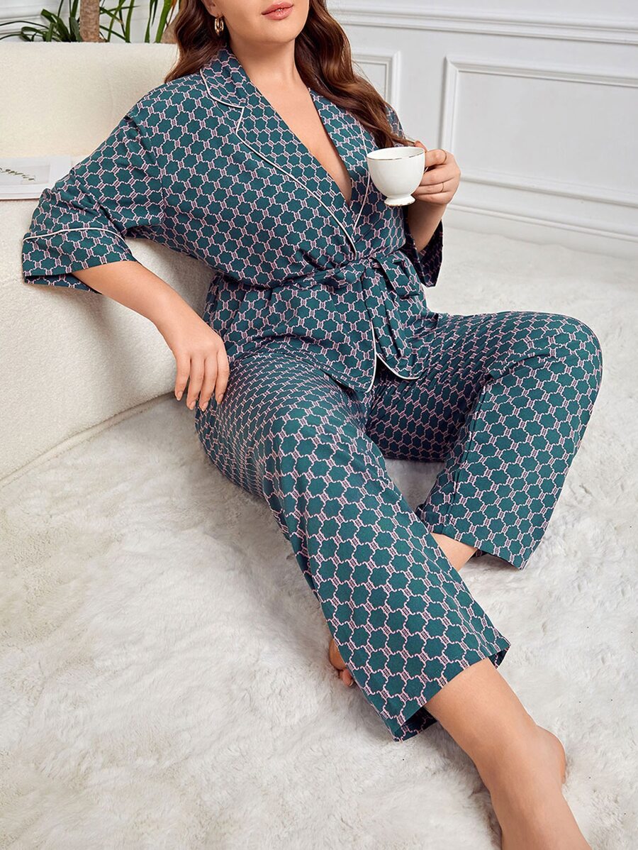 Plus Allover Print Belted Robe & Trousers Set - Green - View 1