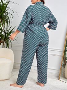 Plus Allover Print Belted Robe & Trousers Set - Green - View 2