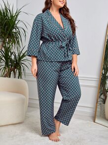 Plus Allover Print Belted Robe & Trousers Set - Green - View 4