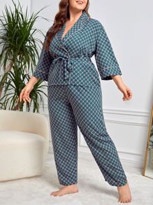 Plus Allover Print Belted Robe & Trousers Set - Green - View 5