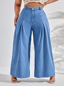 SHEIN SXY Plus High Waist Plicated Detail Wide Leg Jeans - Light Wash - View 2