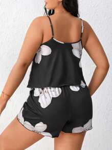 Plus Floral Print Cami Top & Shorts PJ Set - Black - View 2