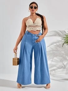 SHEIN SXY Plus High Waist Plicated Detail Wide Leg Jeans - Light Wash - View 3