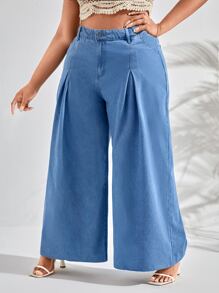 SHEIN SXY Plus High Waist Plicated Detail Wide Leg Jeans - Light Wash - View 5