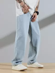Manfinity Hypemode Loose Fit Men's Slant Pocket Straight Leg Jeans Baggy Long Washed Light Jean Cargo Plain Blue Going Out Academia Boyfriend Gift - Light Wash - View 1