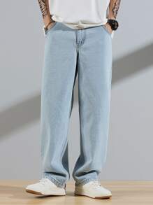 Manfinity Hypemode Loose Fit Men's Slant Pocket Straight Leg Jeans Baggy Long Washed Light Jean Cargo Plain Blue Going Out Academia Boyfriend Gift - Light Wash - View 3