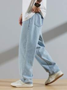 Manfinity Hypemode Loose Fit Men's Slant Pocket Straight Leg Jeans Baggy Long Washed Light Jean Cargo Plain Blue Going Out Academia Boyfriend Gift - Light Wash - View 4