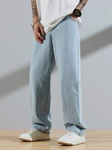 Manfinity Hypemode Loose Fit Men's Slant Pocket Straight Leg Jeans Baggy Long Washed Light Jean Cargo Plain Blue Going Out Academia Boyfriend Gift - Light Wash - View 5