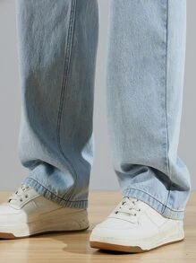 Manfinity Hypemode Loose Fit Men's Slant Pocket Straight Leg Jeans Baggy Long Washed Light Jean Cargo Plain Blue Going Out Academia Boyfriend Gift - Light Wash - View 6