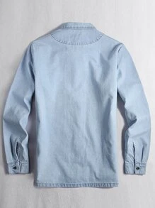 Manfinity Men Patched Pocket Denim Shirt Without Tee - Light Wash - View 2