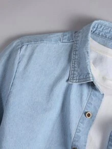 Manfinity Men Patched Pocket Denim Shirt Without Tee - Light Wash - View 7