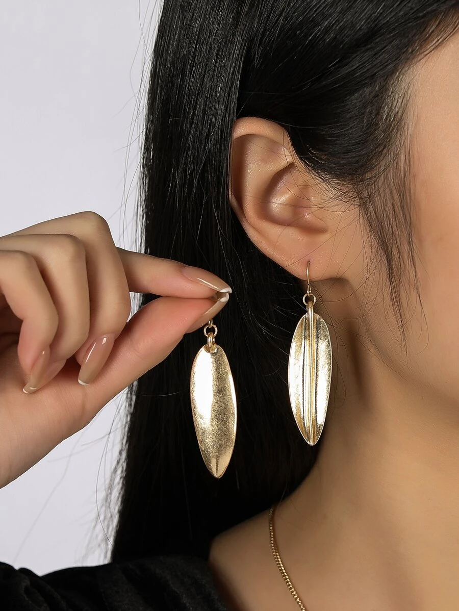 Metal Leaf Drop Earrings - Yellow Gold - View 1