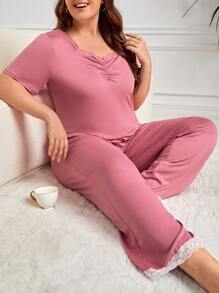 Plus Lace Trim Ruched PJ Set - Pink - View 1