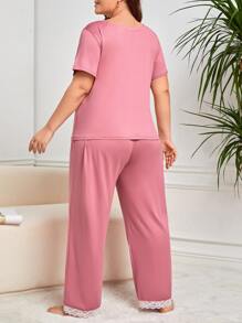 Plus Lace Trim Ruched PJ Set - Pink - View 2
