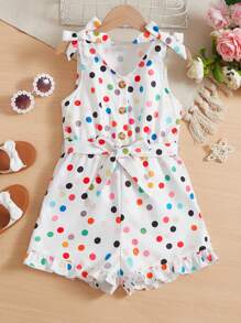 SHEIN Áo liền quần Gái Thắt lưng Thắt nút Viên lá sen Nút phía trước Chấm bi Dễ thương - Nhiều màu - Xem 1