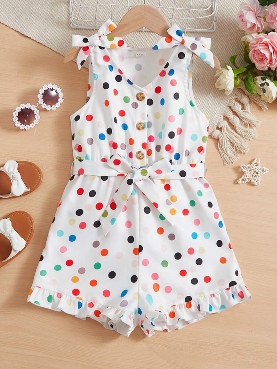 SHEIN Áo liền quần Gái Thắt lưng Thắt nút Viên lá sen Nút phía trước Chấm bi Dễ thương - Nhiều màu - Xem 1