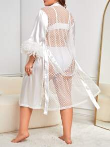 Bata ribete lanudo con cinturón de satén sin set de lencería - Blanco - Ver 2