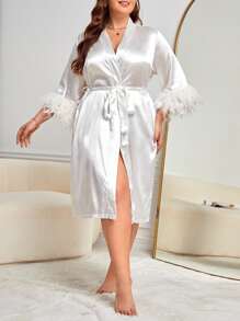 Bata ribete lanudo con cinturón de satén sin set de lencería - Blanco - Ver 3