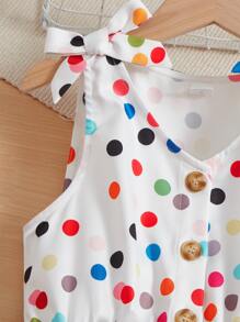 SHEIN Áo liền quần Gái Thắt lưng Thắt nút Viên lá sen Nút phía trước Chấm bi Dễ thương - Nhiều màu - Xem 3