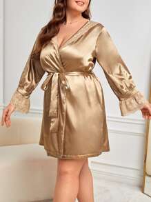 Plus Contrast Lace Belted Satin Robe - Champagne - View 5