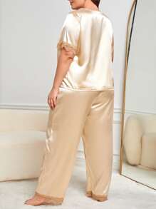 Conjunto de pijama ribete con encaje en contraste de satén - Champán - Ver 2