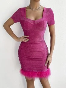 Allurite Fuzzy Trim Ruched Bodycon Metallic Dress - Hot Pink - View 6