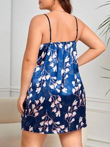 大碼印花緞面吊帶睡裙 - 藏蓝色 - 查看 2