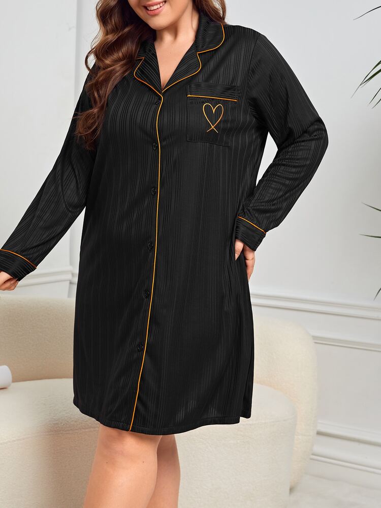 加心刺绣对比滚边睡衣睡裙 - 黑色 - 查看 4