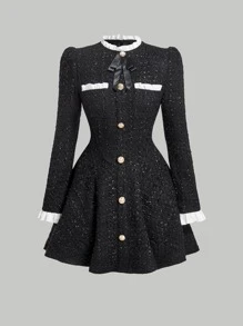 SHEIN MOD Nút viền trang trí nơ phía trước Đầm đen - màu đen - Xem 1