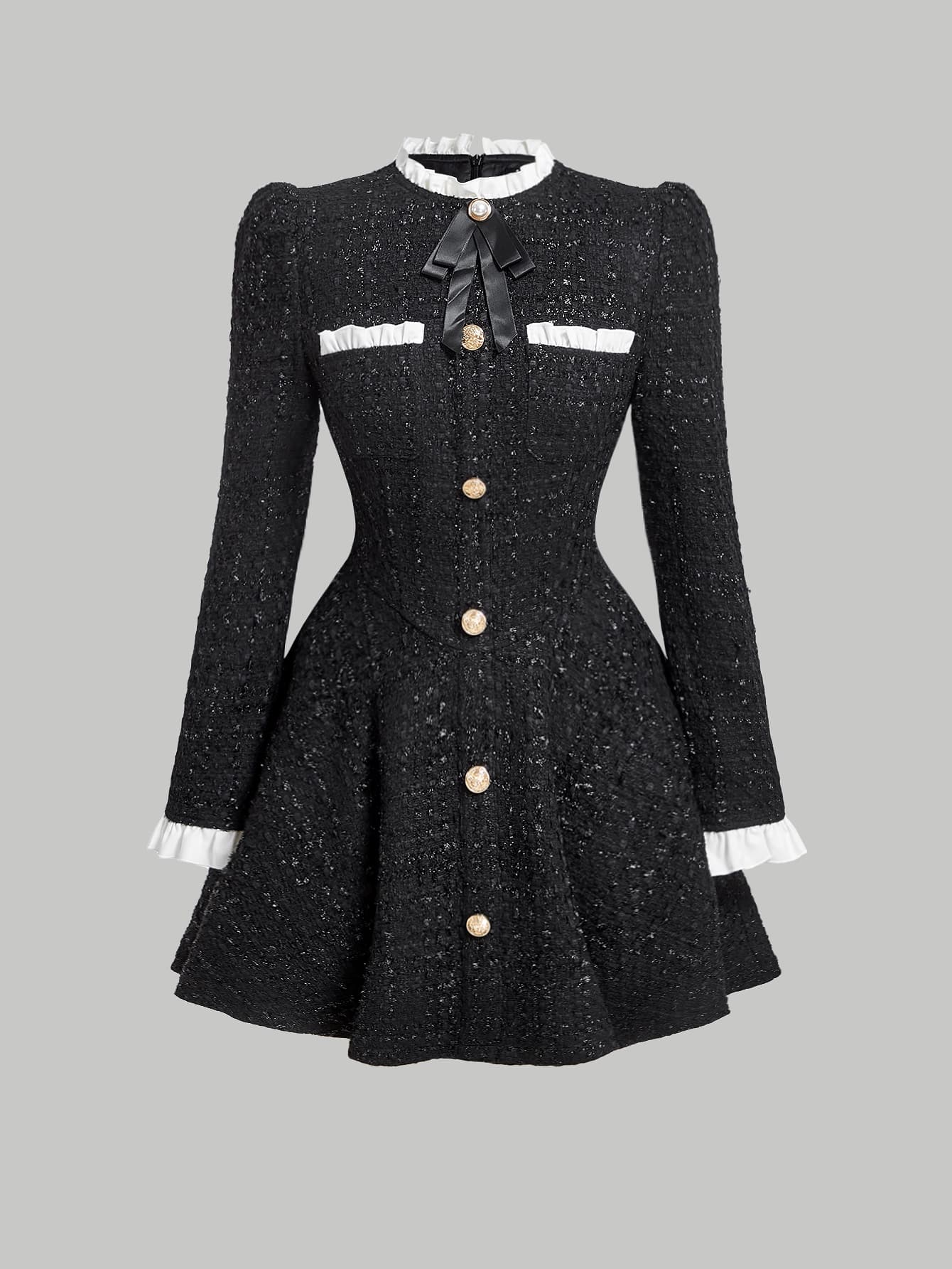 SHEIN MOD Nút viền trang trí nơ phía trước Đầm đen - màu đen - Xem 1