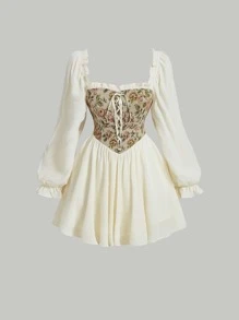 SHEIN MOD 花卉圖案提花扣眼前繫帶褶邊連衣裙 - 杏色 - 查看 1