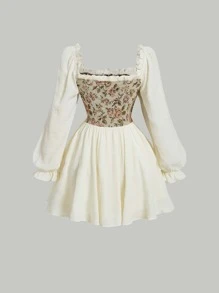 SHEIN MOD 花卉圖案提花扣眼前繫帶褶邊連衣裙 - 杏色 - 查看 2