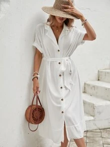 Swim Vcay Button Front Batwing Sleeve Belted Kimono - White - View 1