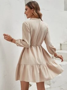 SHEIN LUNE Vestido con cinturón con bordado floral bajo con fruncido - Albaricoque - Ver 2