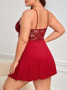 Plus Contrast Lace Slip Nightdress - Burgundy - View 2