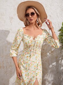 Katie Chandler 小碎花泡泡袖前打結高衩連衣裙 - 彩色 - 查看 3