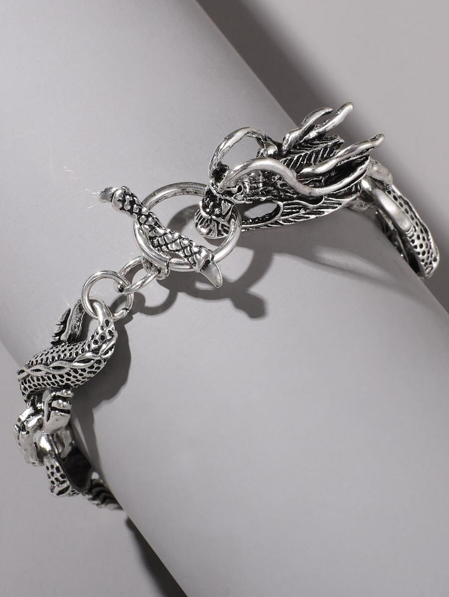 Men Chinese Dragon Decor Bracelet - Antique Silver - View 1