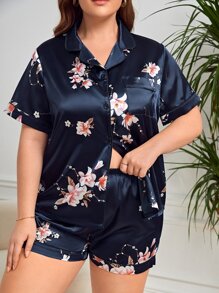 Plus 2pcs Floral Print Satin PJ Set - Navy Blue - View 1