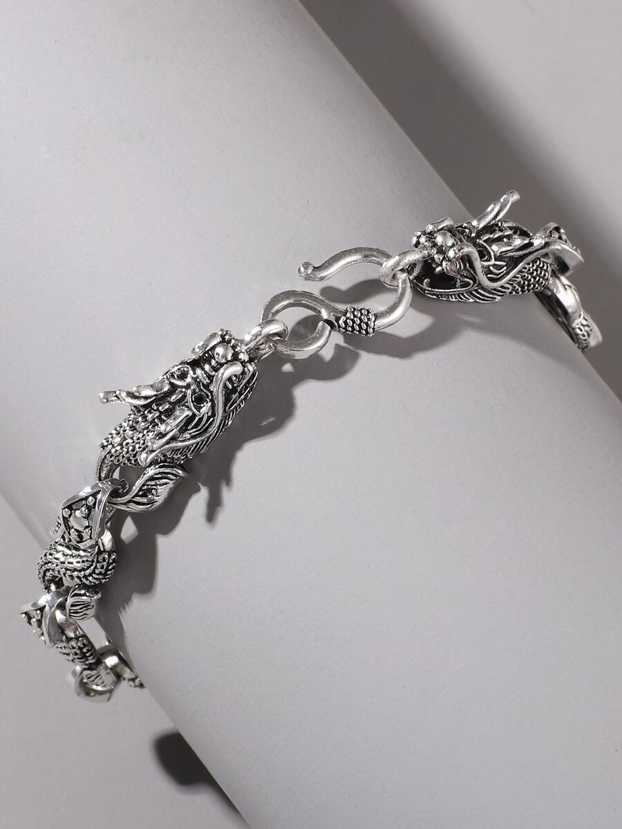 Men Chinese Dragon Decor Chain Bracelet - Antique Silver - View 1