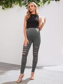 SHEIN Maternidad Leggings desgarro de talle alto - Gris - Ver 5