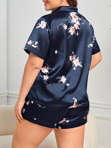 Plus 2pcs Floral Print Satin PJ Set - Navy Blue - View 2