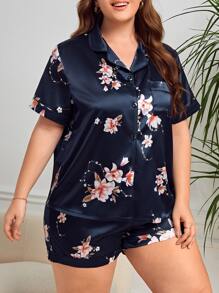 Plus 2pcs Floral Print Satin PJ Set - Navy Blue - View 3