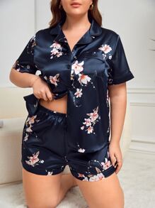 Plus 2pcs Floral Print Satin PJ Set - Navy Blue - View 4