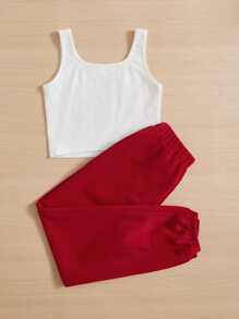 SHEIN Girls Letter Graphic Tank Top & Joggers - Red - View 2