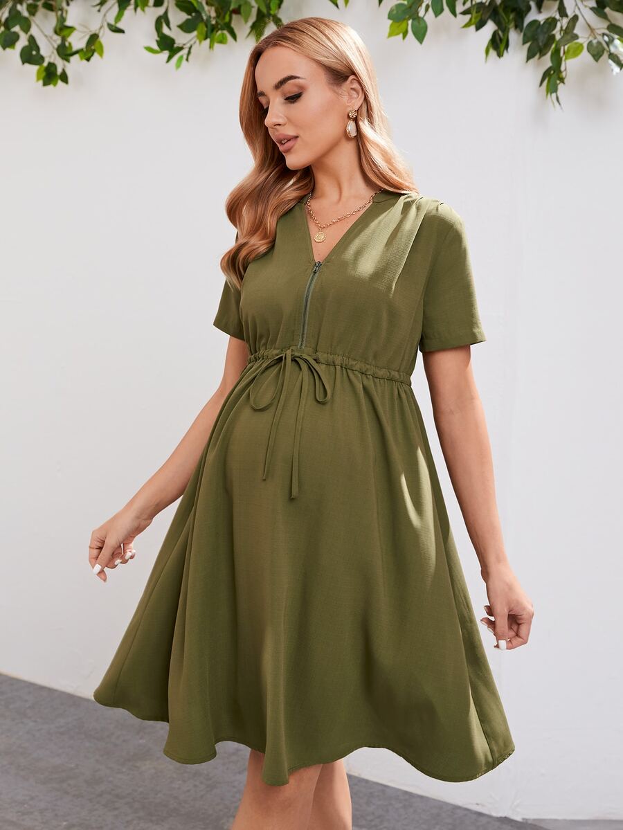 SHEIN Maternity Notch Neck Drawstring Waist Dress - Army Green - View 1