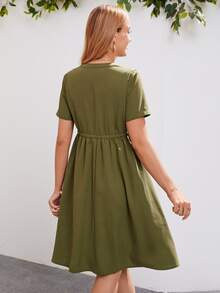 SHEIN Maternity Notch Neck Drawstring Waist Dress - Army Green - View 2